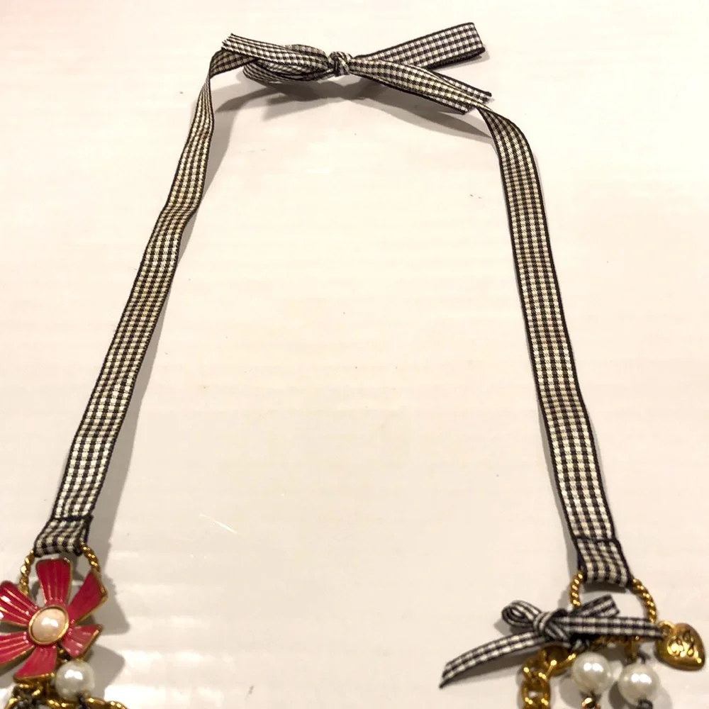 Betsey Johnson Pink and Orange Flower Pearl Ribbon Necklace